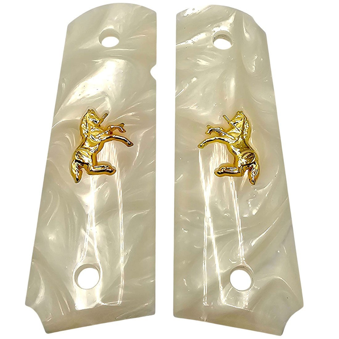 Full Size White Pearl 1911 Grips with Gold Colt Horse Emblem & Screws