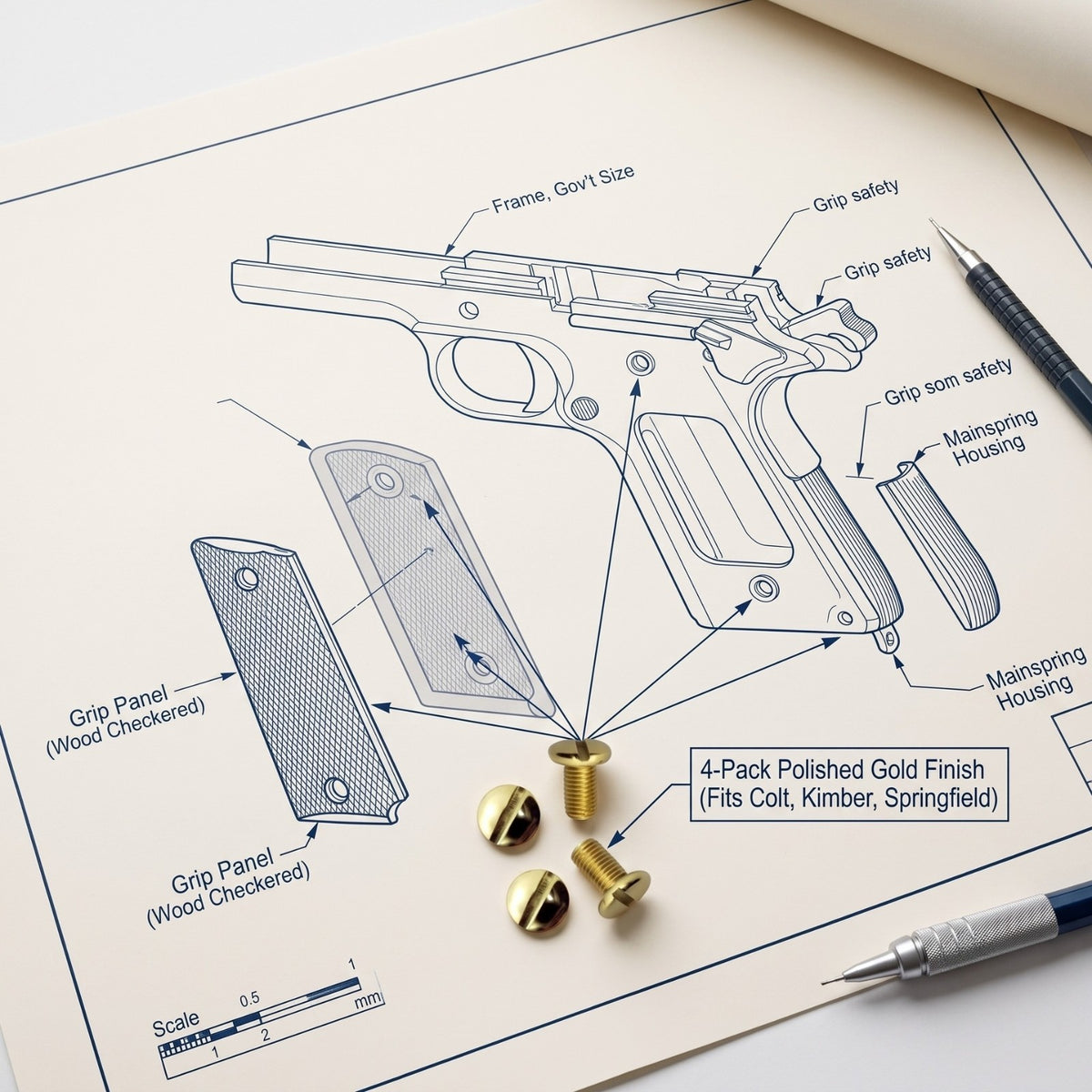 Premium 1911 Gold Grip Screws Set - Full Size Slotted Replacement Hardware