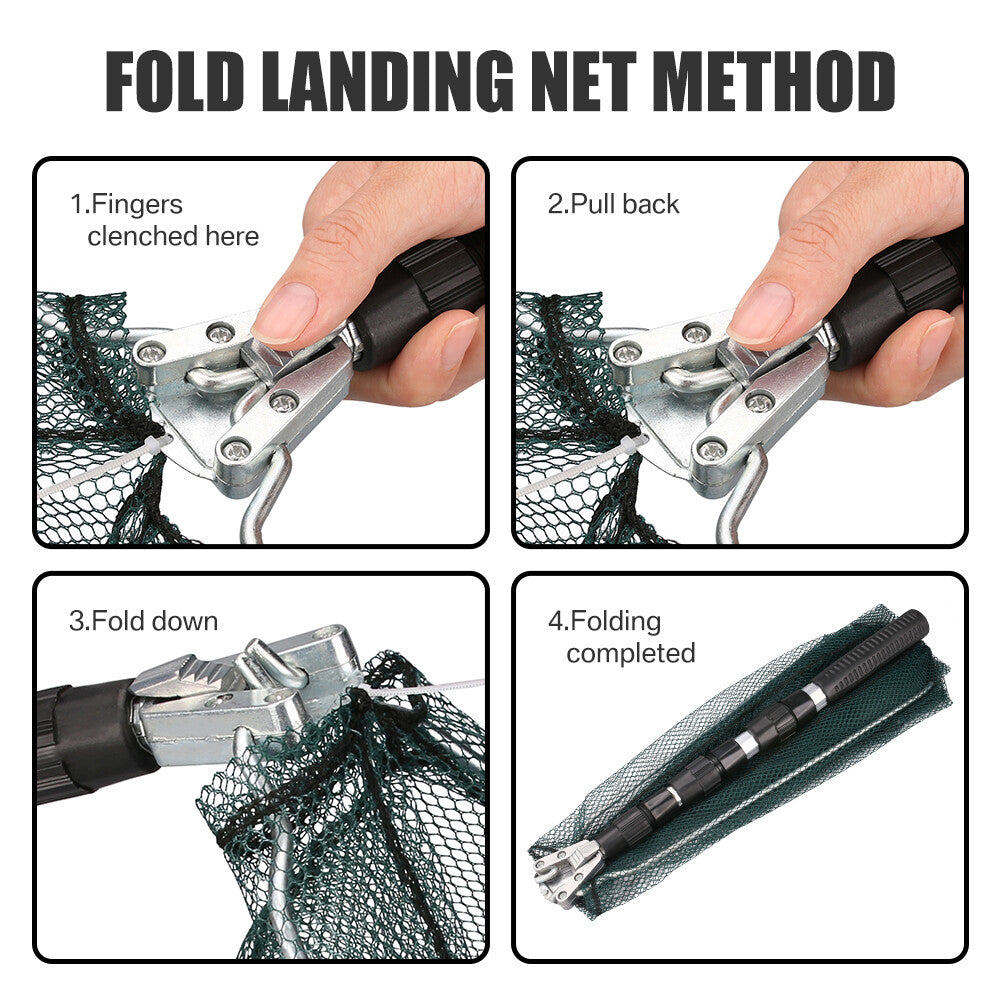 Telescopic Folding Aluminum Fishing Landing Net with Micro Mesh 3-Section Extending Pole