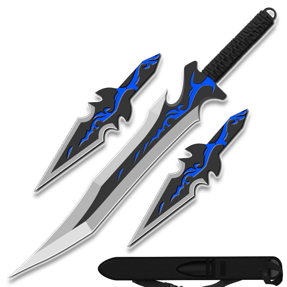 Fantasy Ninja Warrior Sword & Knife Set 26-inch with 2 Throwers, Black & Blue Flames