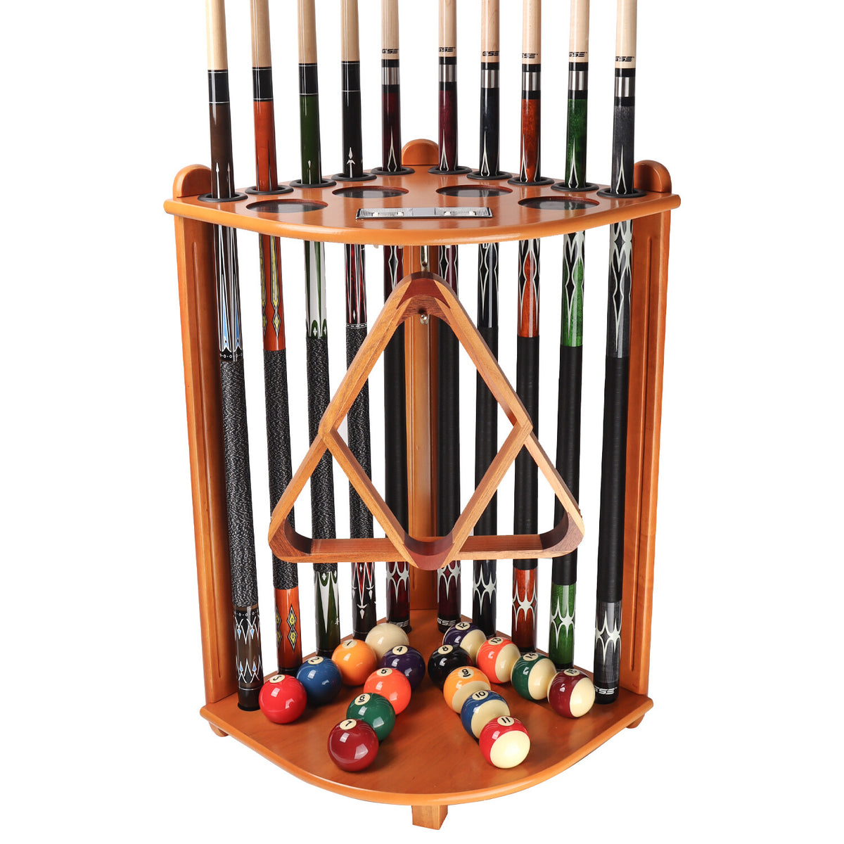 10-Cue Corner Floor Pool Cue Rack, Solid Wood Stand with Score Counters