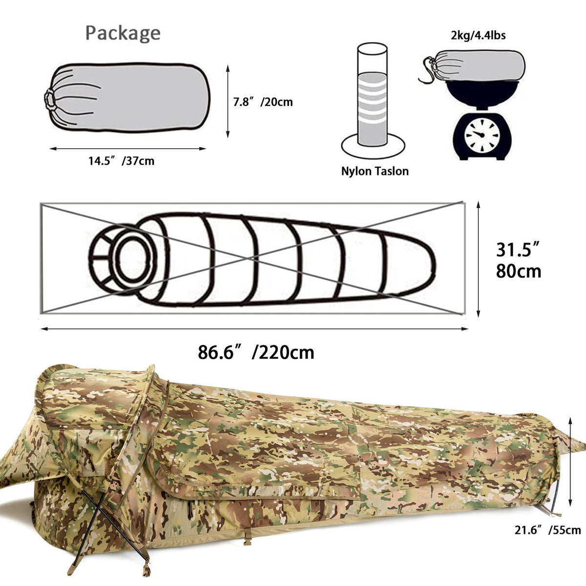 Waterproof Windproof Solo Tactical Bivy Tent with Poles and Window