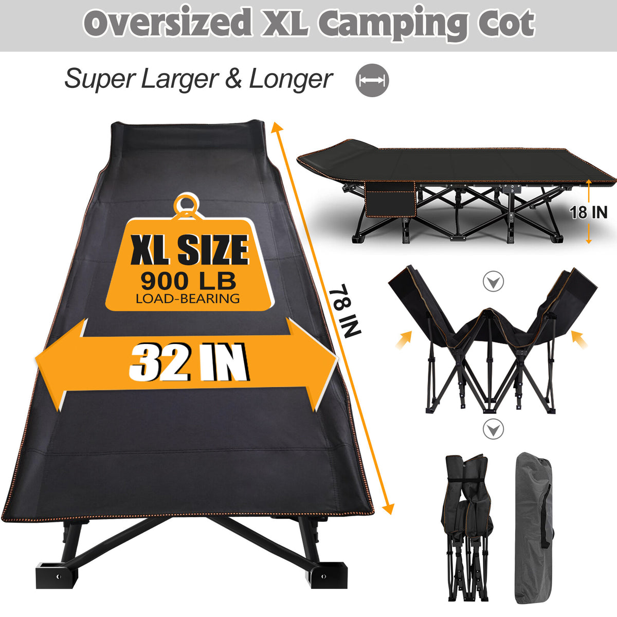 Heavy Duty Folding Camping Cot for Adults Supports 900 lbs XL Large Bed