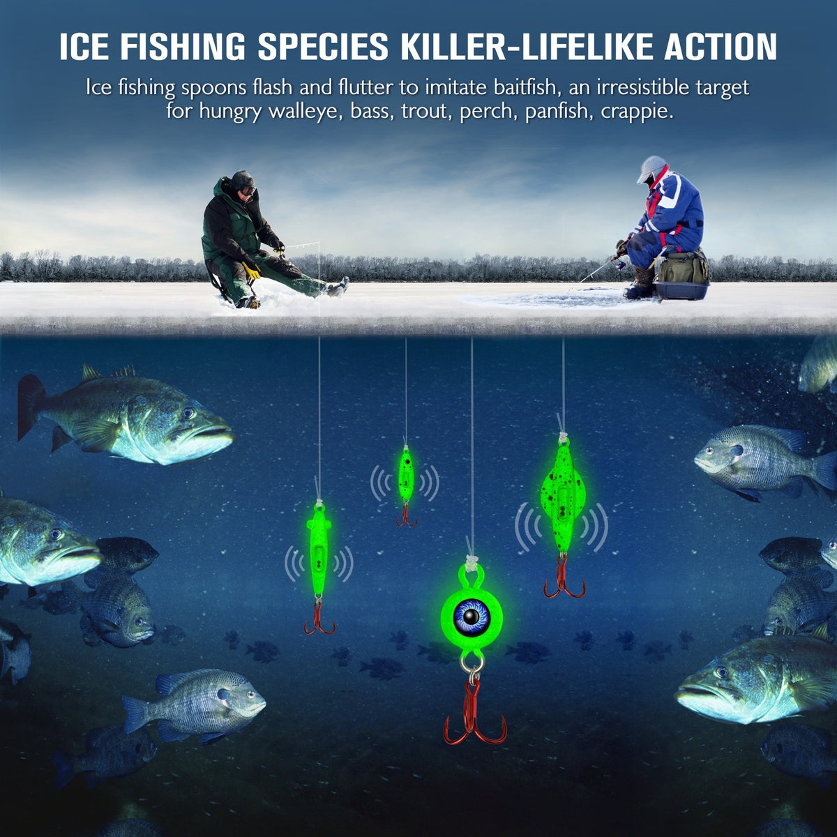 15PCS Ice Fishing Spoons Kit - Glow & Rattling Lures with Treble Hooks