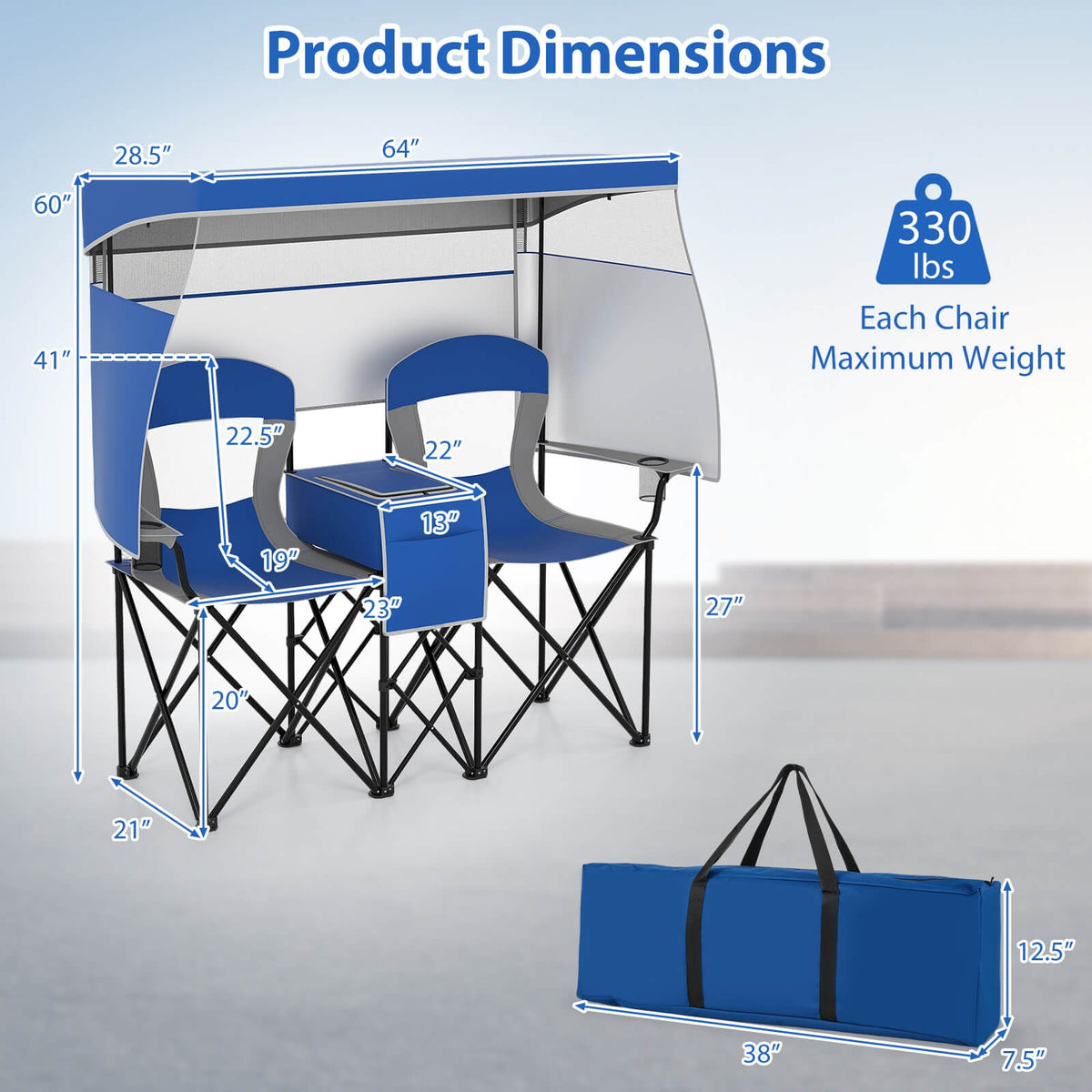 Double Beach Chair with Adjustable Canopy Oversized Folding Camping Chair Navy
