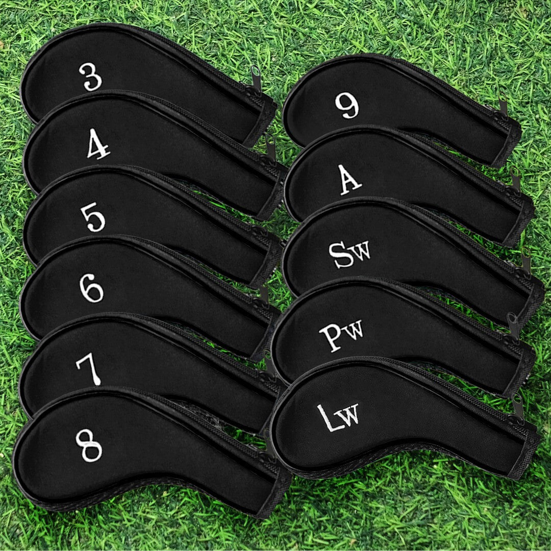 Golf Iron Head Covers 11-Piece Set Zippered Protects Clubs Left & Right Handed Black