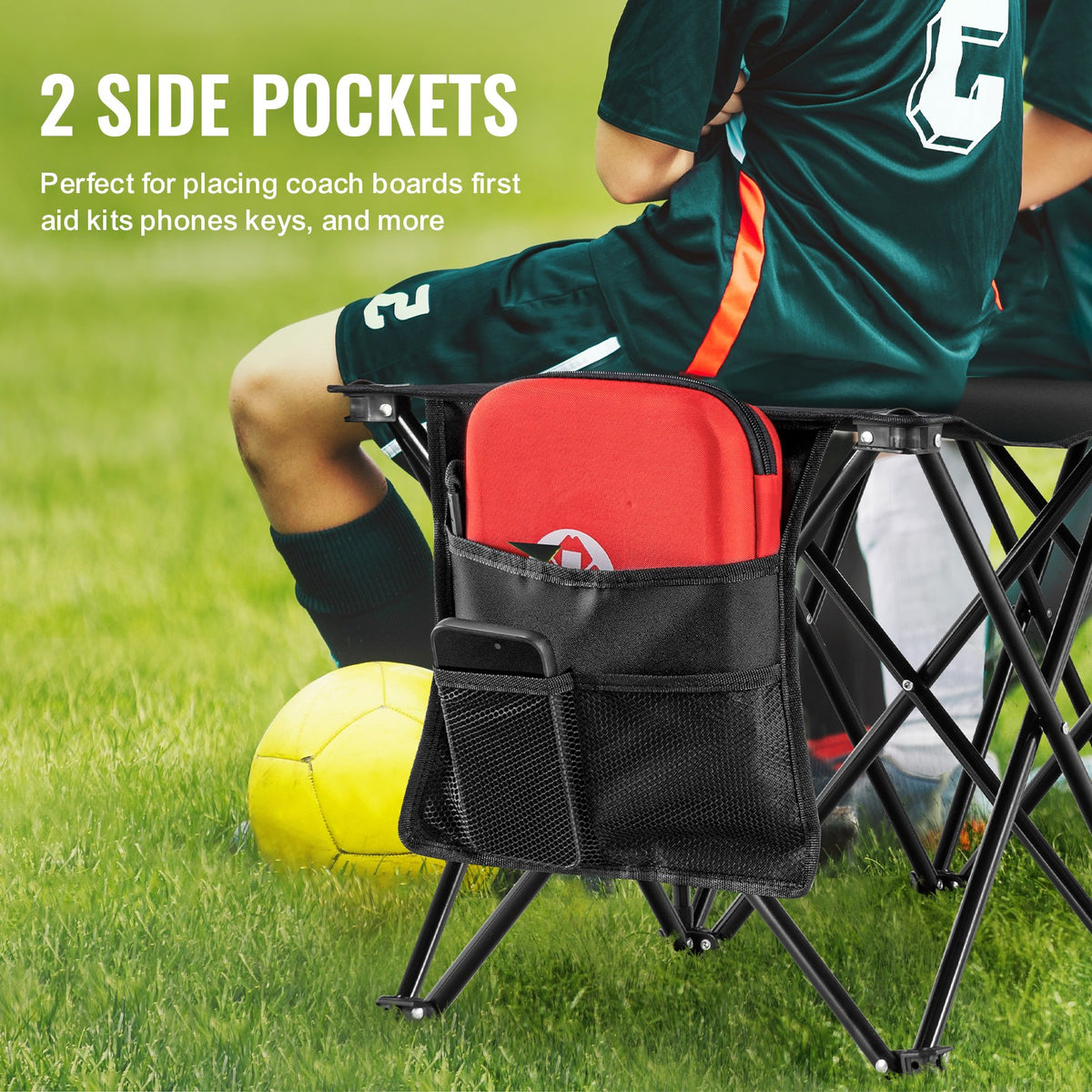 Portable Folding 6-Seat Sports Bench with Side Bag and Carry Bag - No Backrest
