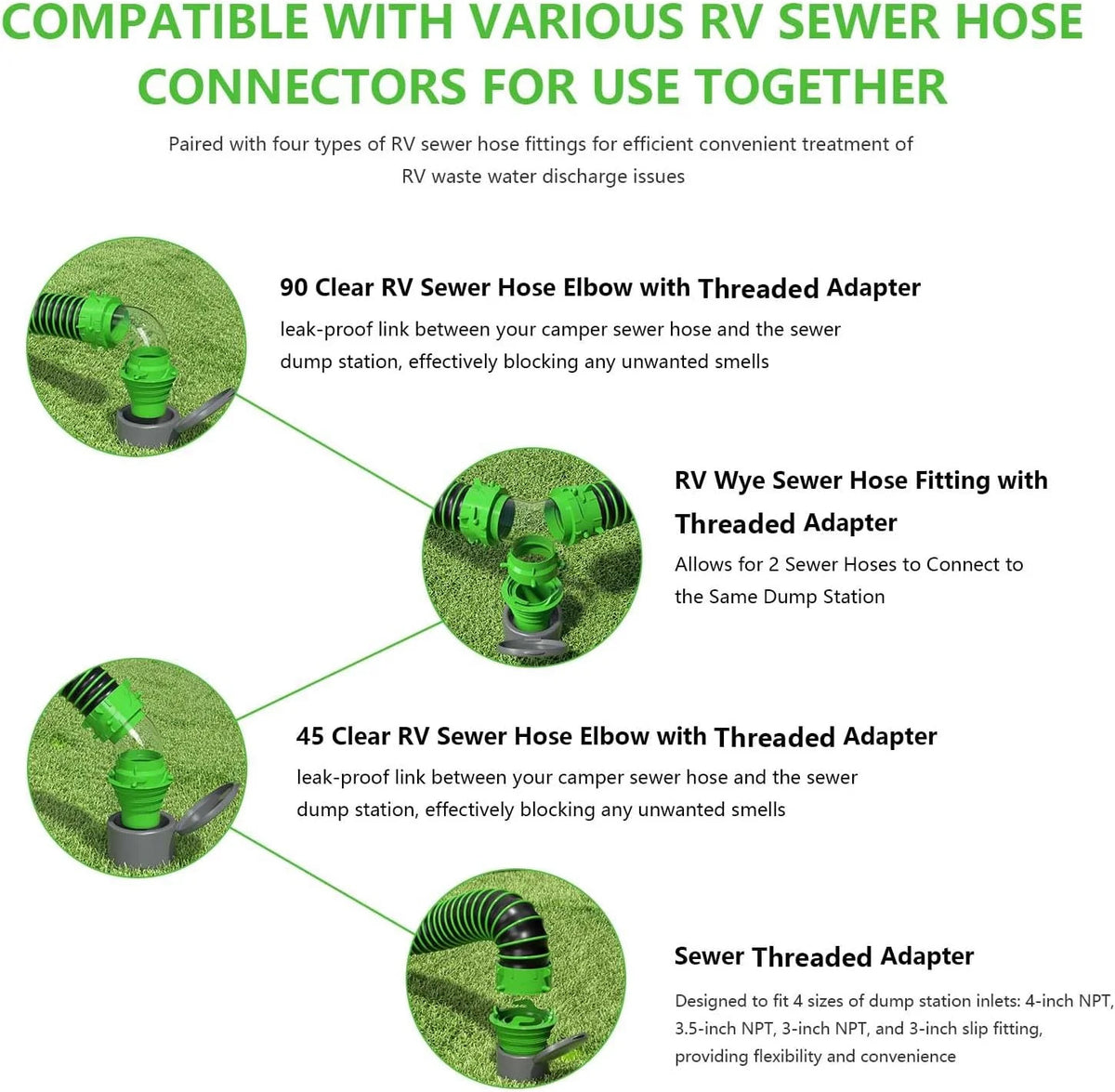 RV Sewer Hose Adapter Coupler with 90° Elbow for Camper Dump Stations