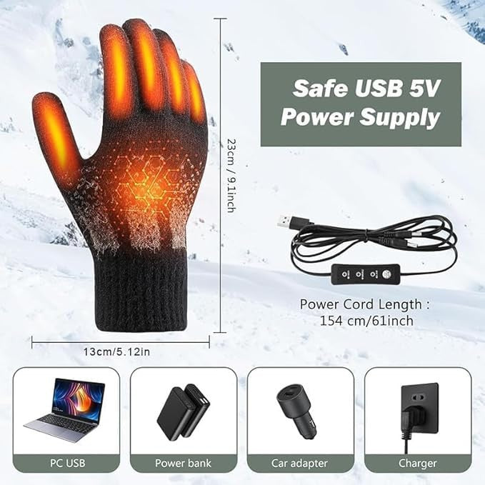 Rechargeable Heated Gloves Electric Winter Hand Warmer Windproof Thermal