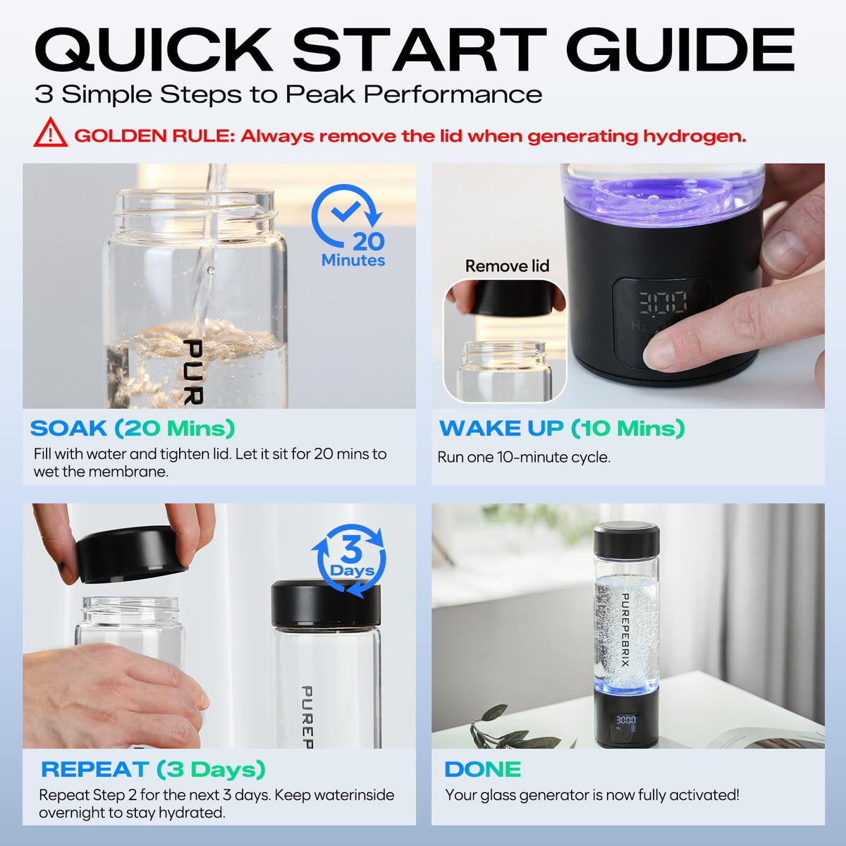 Hydrogen Water Bottle 14oz Glass Portable Water Flask with Leak-Proof Lid