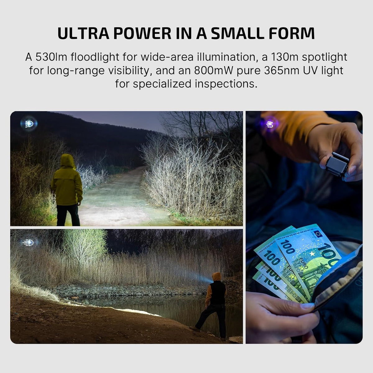 Rechargeable LED Clip-On Flashlight with UV Mode - 530 Lumens, USB-C