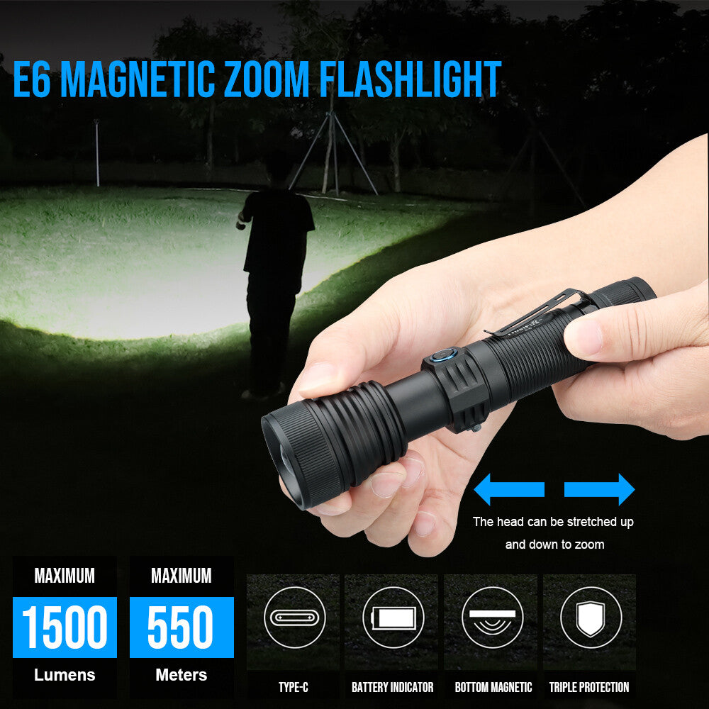 Rechargeable LED Torch with Zoom, 1500 Lumens, 550M Range, Magnet, Compact