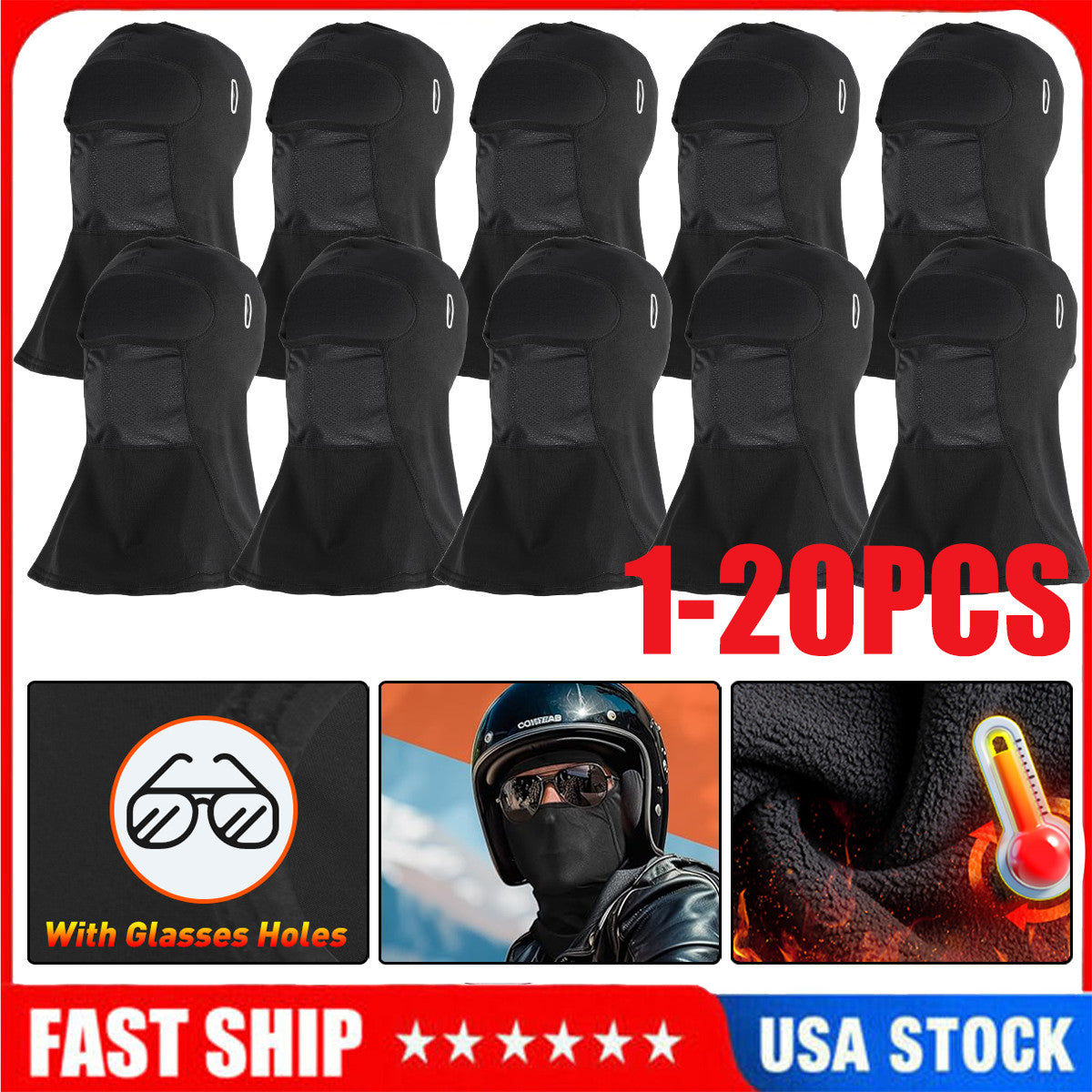 Winter Thermal Motorcycle Balaclava Full Face Mask Windproof Ski Hood with Glasses Port