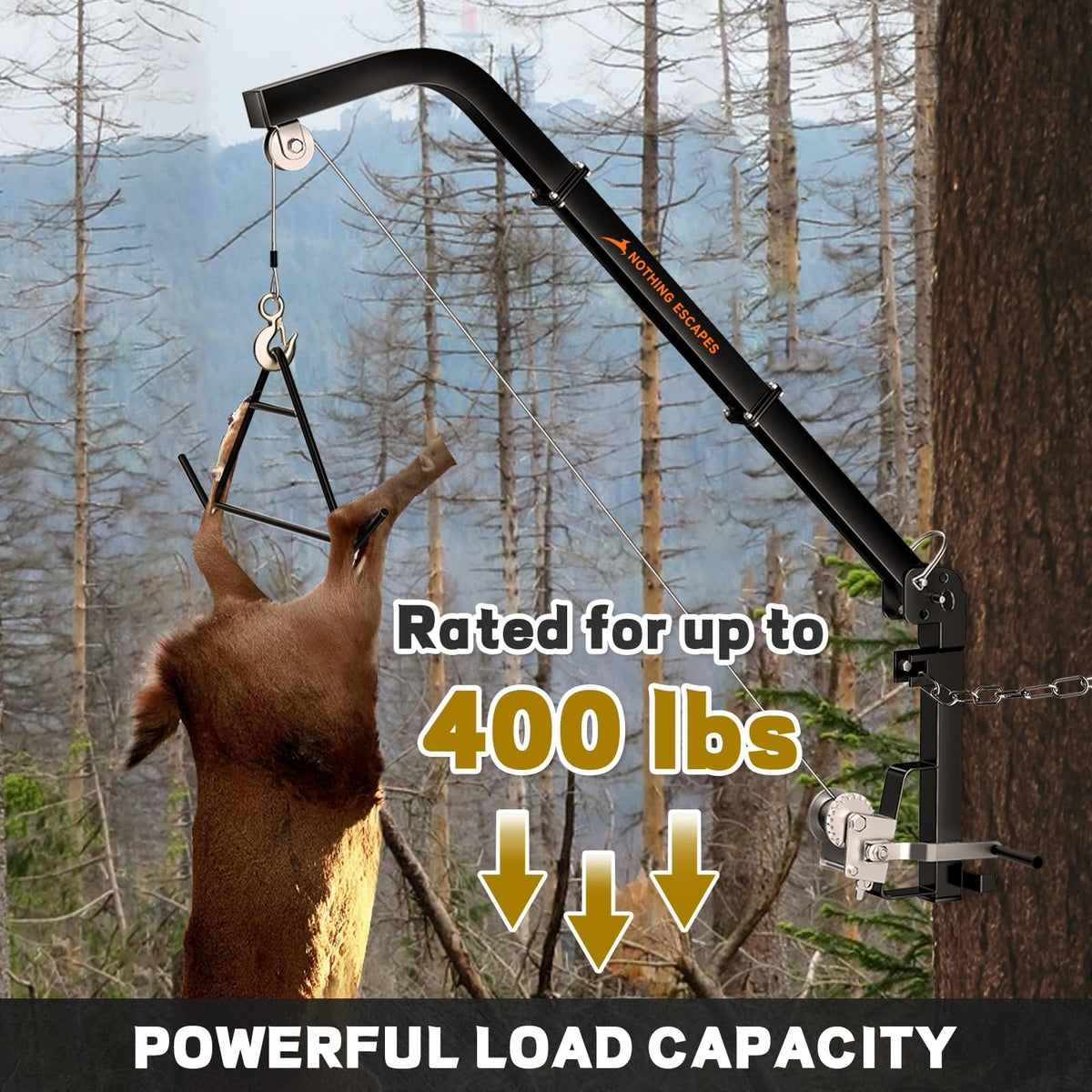 Tree Mounted Deer Hoist for Hunting, 400lb Capacity with Gambrel & Steel Cable