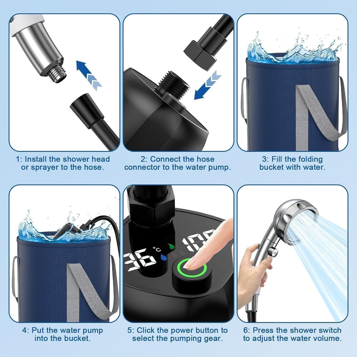 Portable Camping Shower Pump with Rechargeable 9000mAh Battery & Digital Display