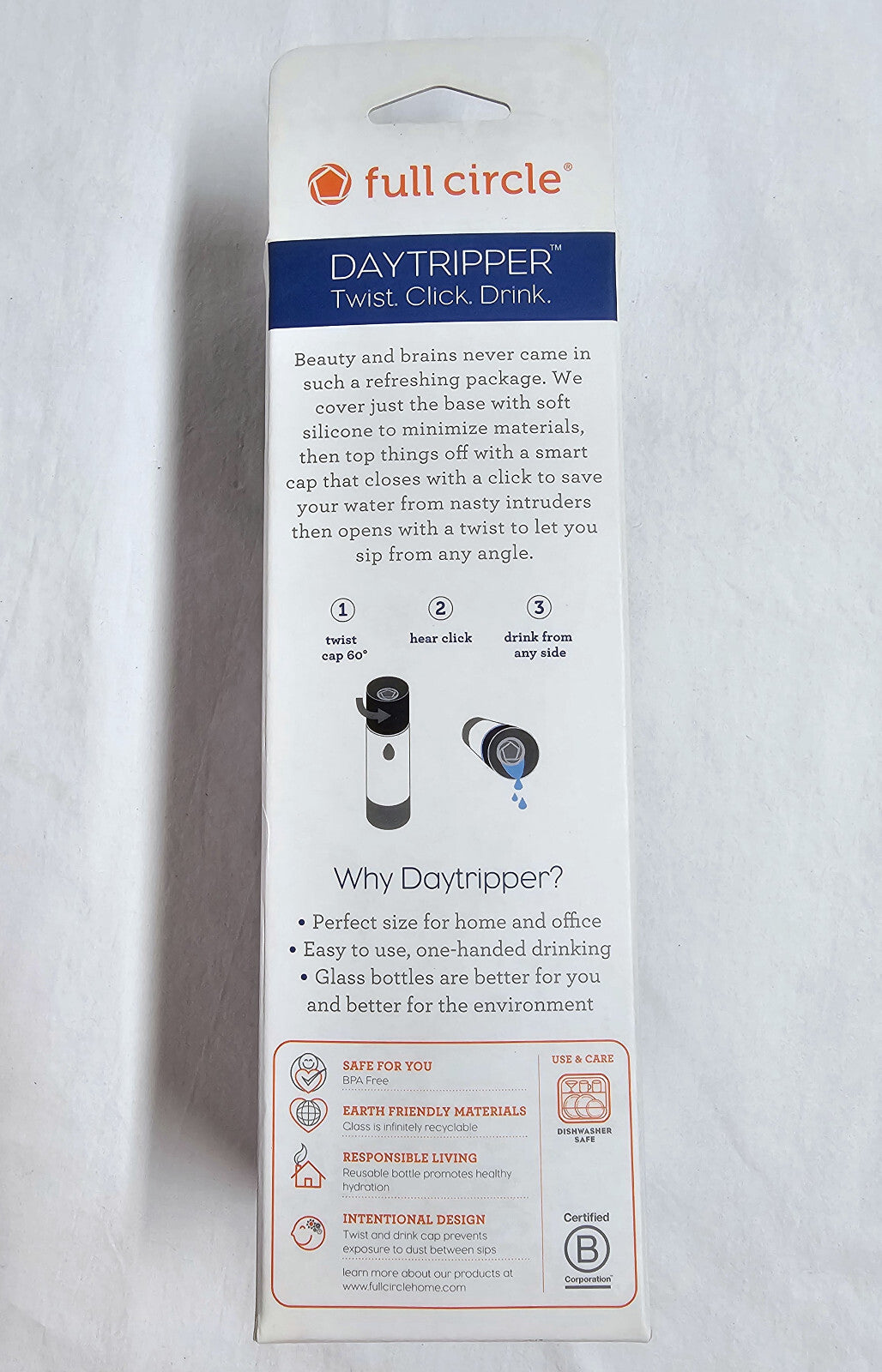 Full Circle 19oz Glass Water Bottle with One-Hand Twist Cap and Silicone Base