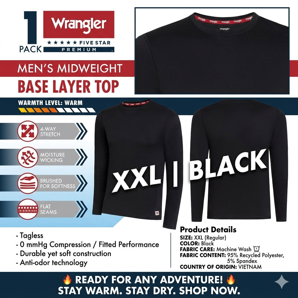 Men's Thermal Base Layer Top - Midweight, 4-Way Stretch, Black XXL