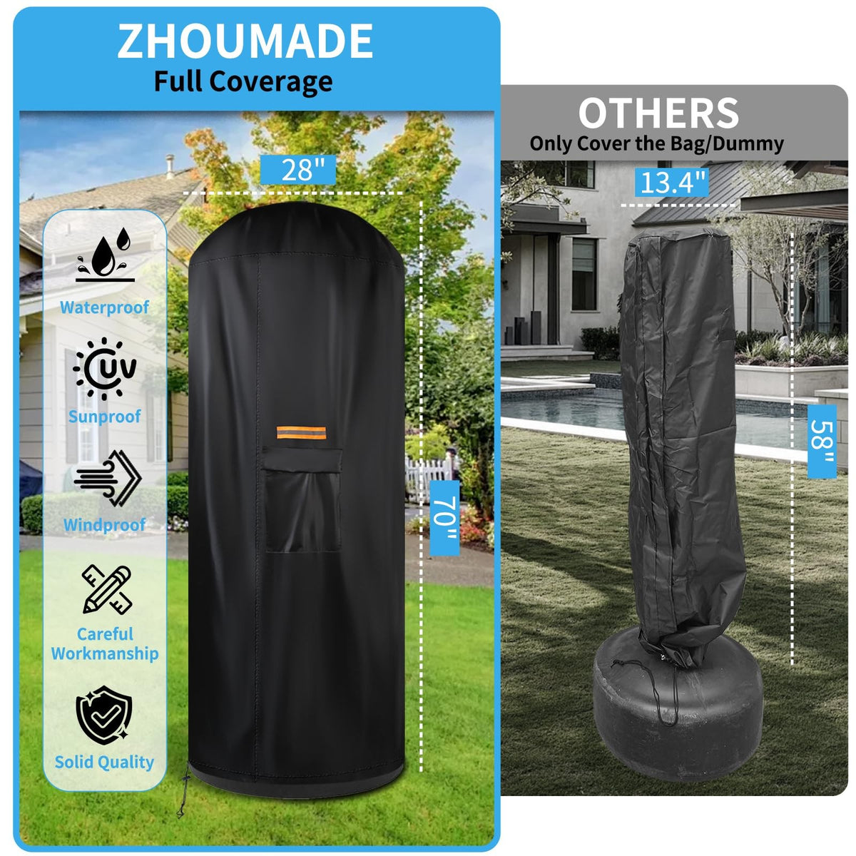 Outdoor Waterproof Standing Punching Bag Cover 70 Inch Black