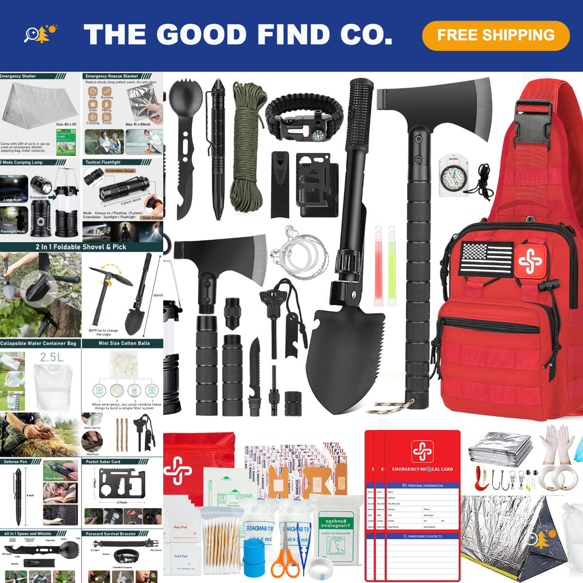 Emergency Survival Kit with First Aid Tent Axe Shovel and Bag - 262 Pieces