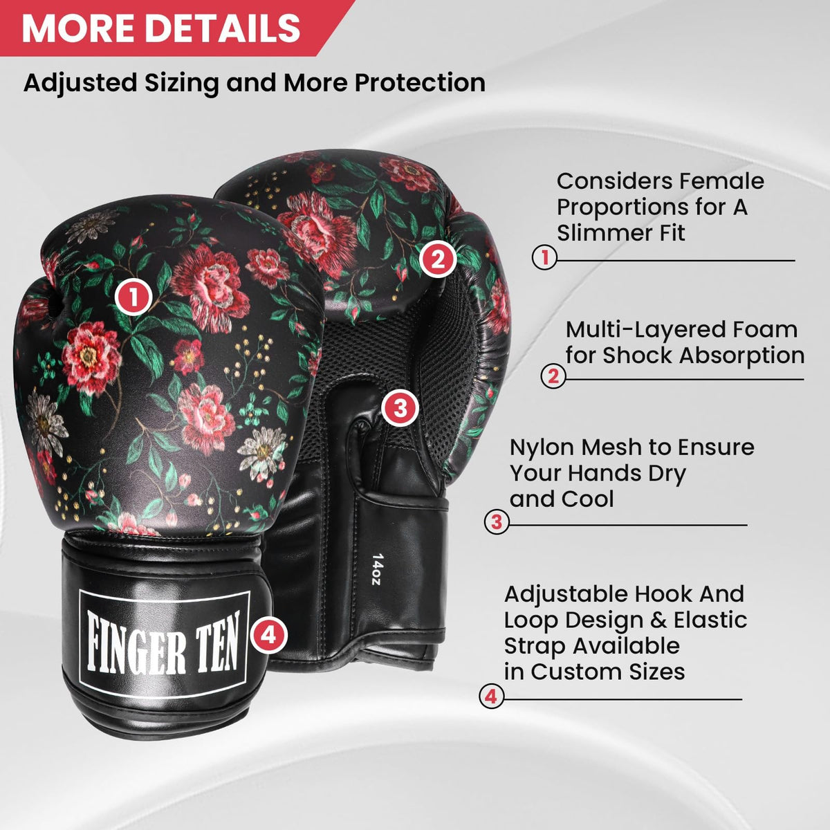 Women’s Boxing Gloves 8-16 oz with Stylish Flower Leaf Pattern - 12 oz