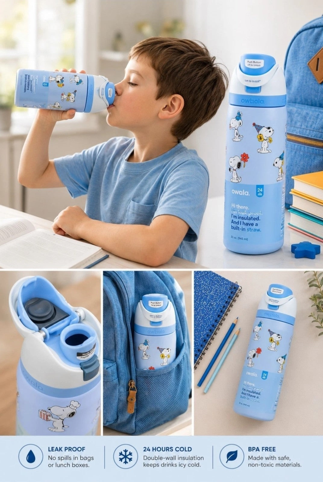 Insulated Kids Water Bottle with Straw - 32oz Snoopy Character Design