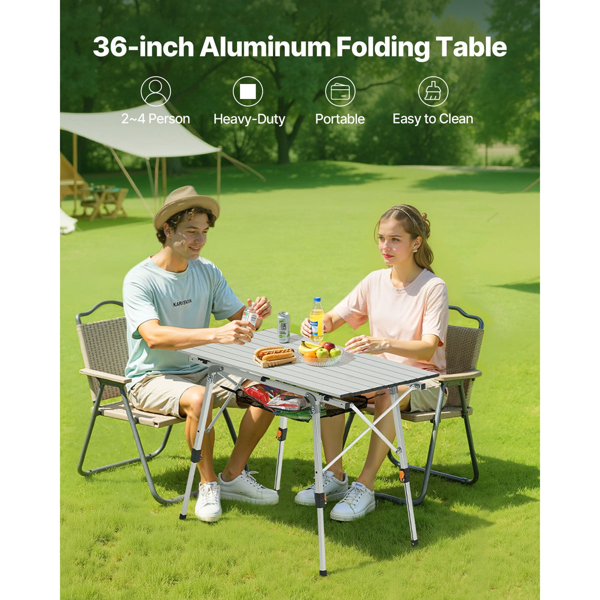 Portable Folding Aluminum Camping Table with Roll-Up Top & Mesh Shelf
