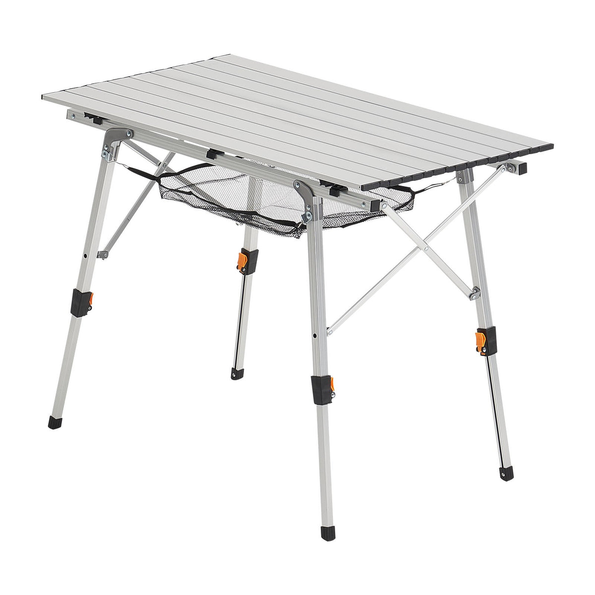 Portable Folding Aluminum Camping Table with Roll-Up Top & Mesh Shelf