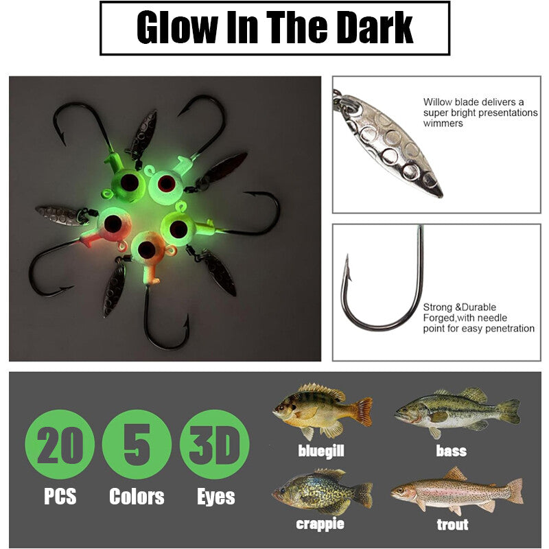 Fishing Jig Heads with Willow Blade - 20pcs Lead Hooks for Bass Crappie
