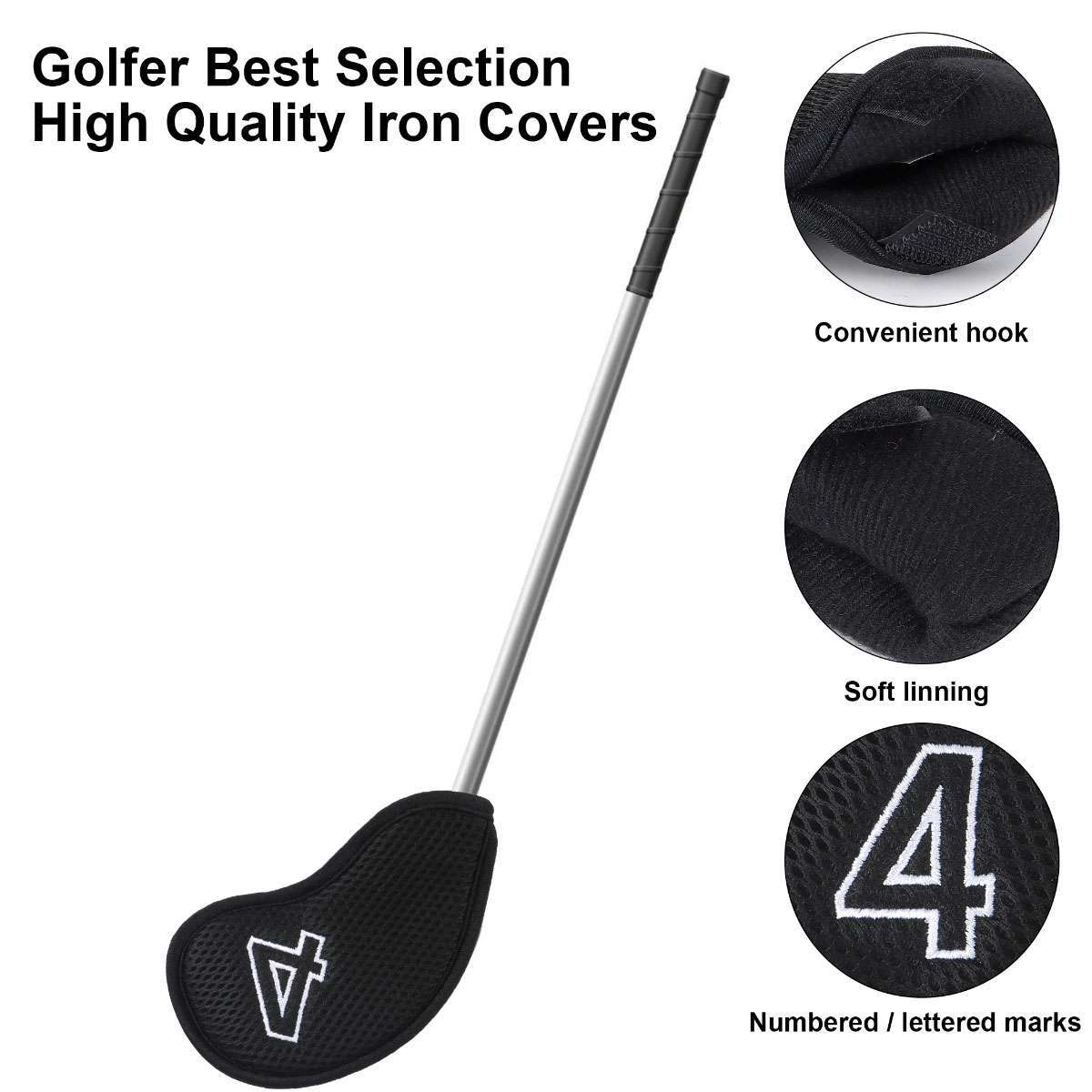 10-Pack Golf Club Head Covers Set - Mesh Cotton Padded Irons Black