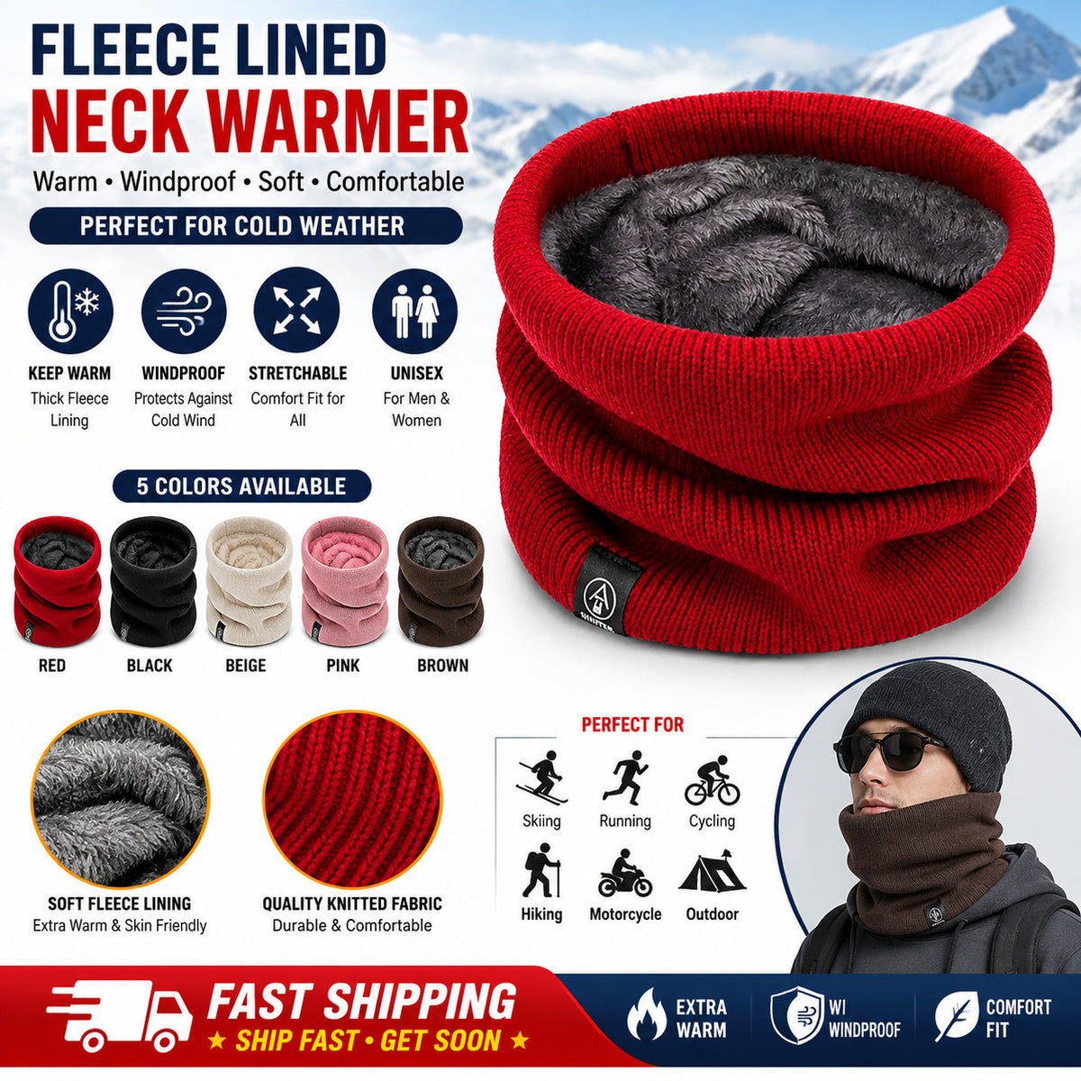 Unisex Winter Neck Warmer Gaiter - Windproof Fleece Face Mask & Scarf