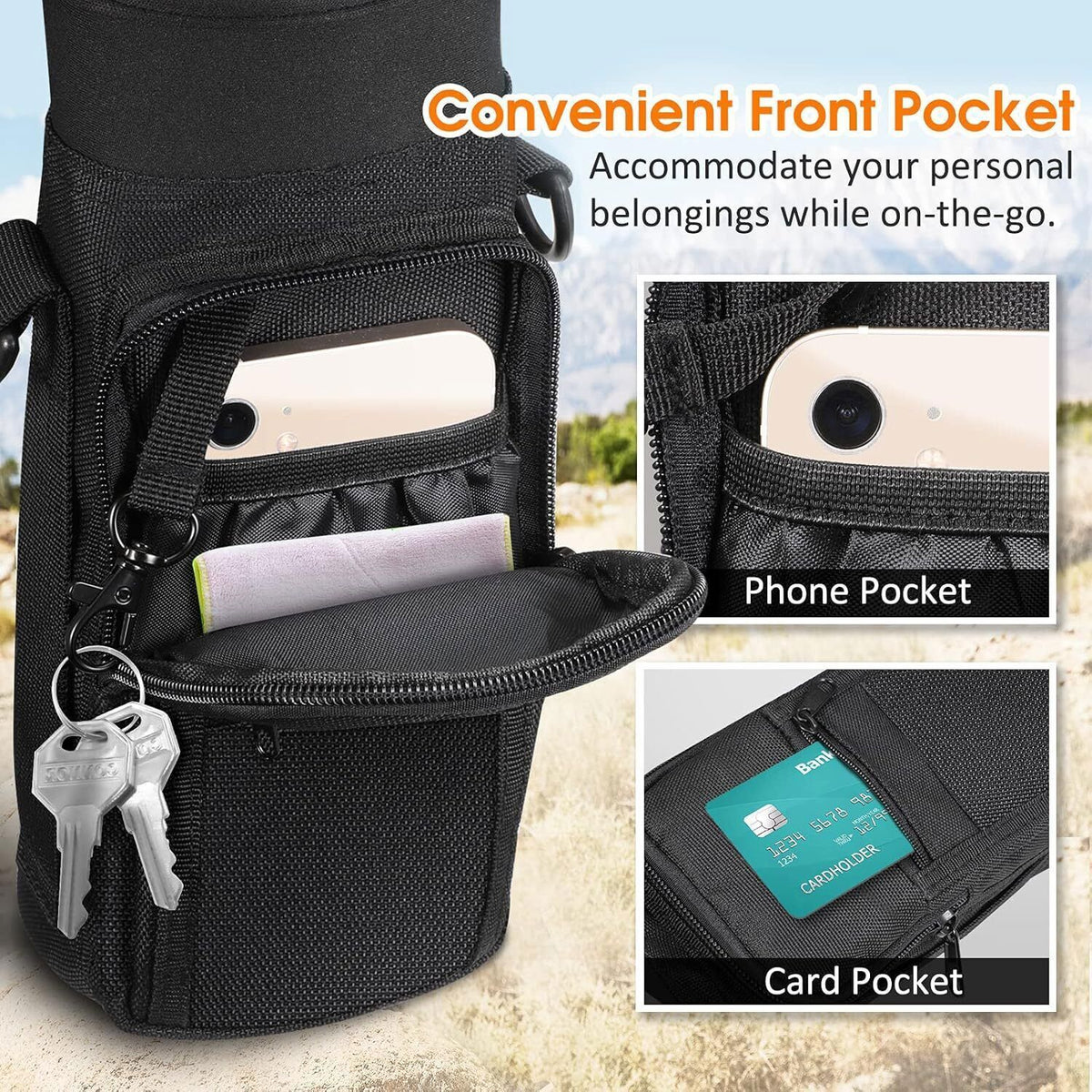 Sports Water Bottle Carrier Bag with Pockets Adjustable Strap for Hiking Travel