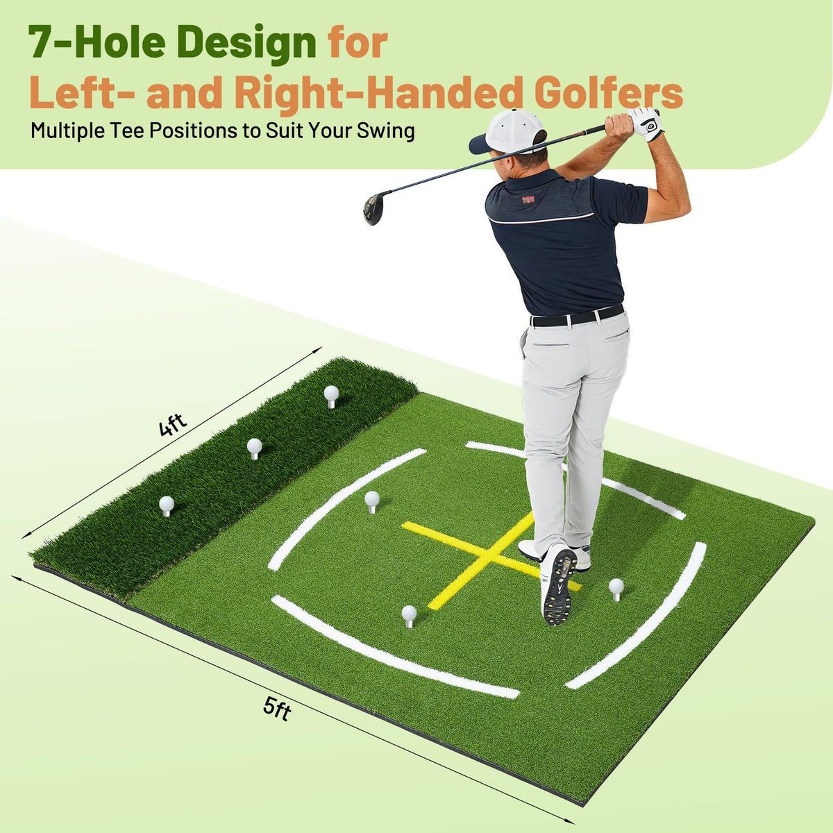Golf Hitting Mat 5x4ft Dual-Turf Practice Mat with 6 Tees - Indoor Outdoor Training