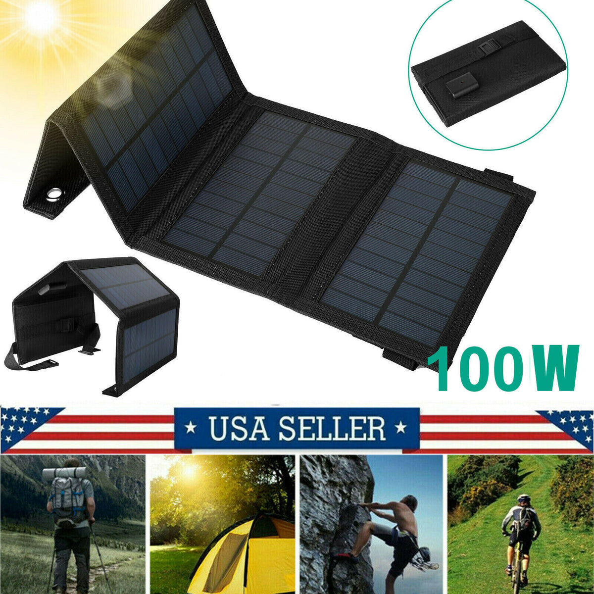 100W Foldable Solar Panel Kit with USB Power Bank for Camping Hiking