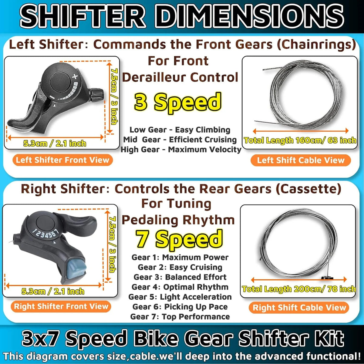 7 Speed Bicycle Gear Shifter Set Pair - 3x7 Transmission Mountain & Road Bike