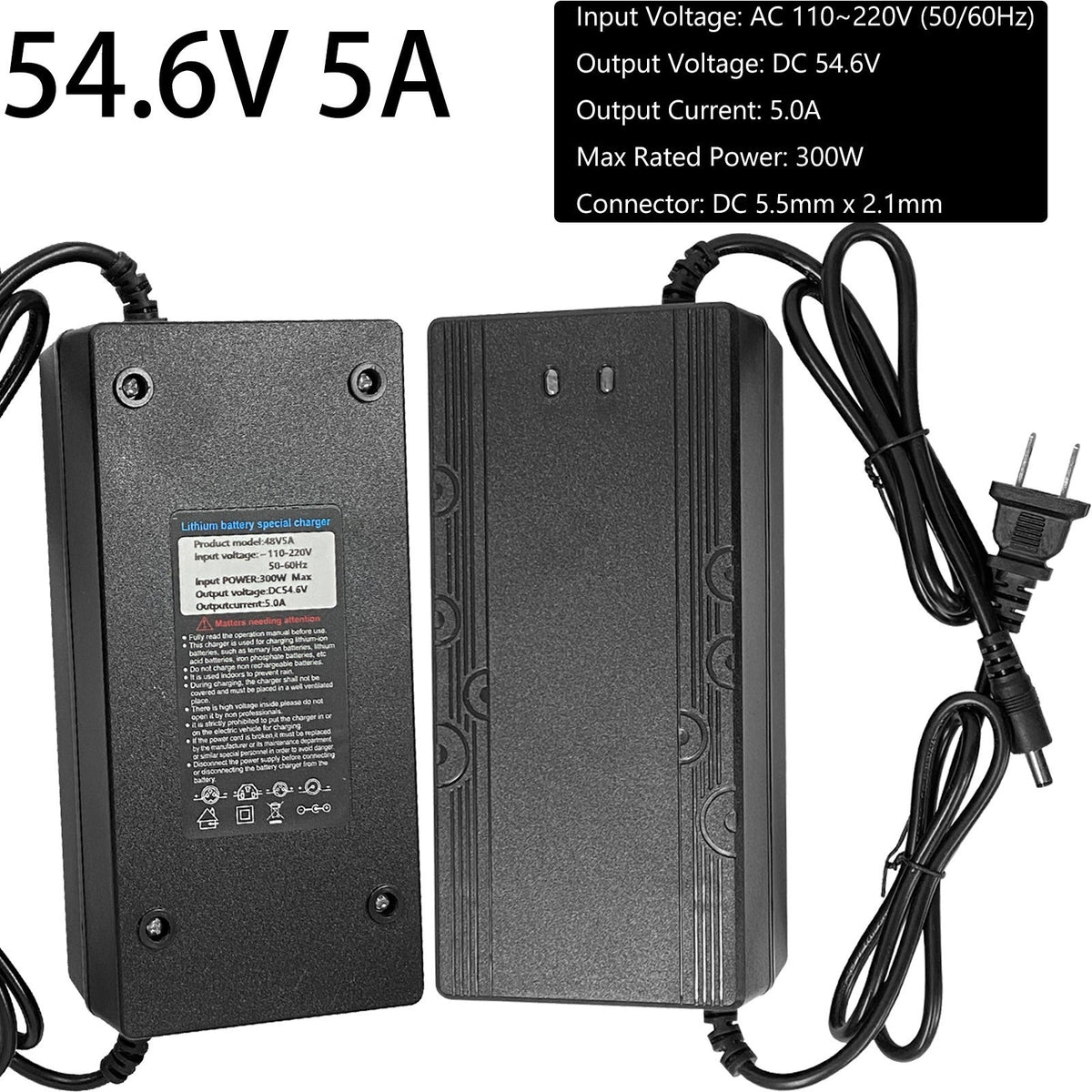 Electric Bicycle Lithium Battery Charger 42V/54.6V 2A/5A Smart Power Adapter