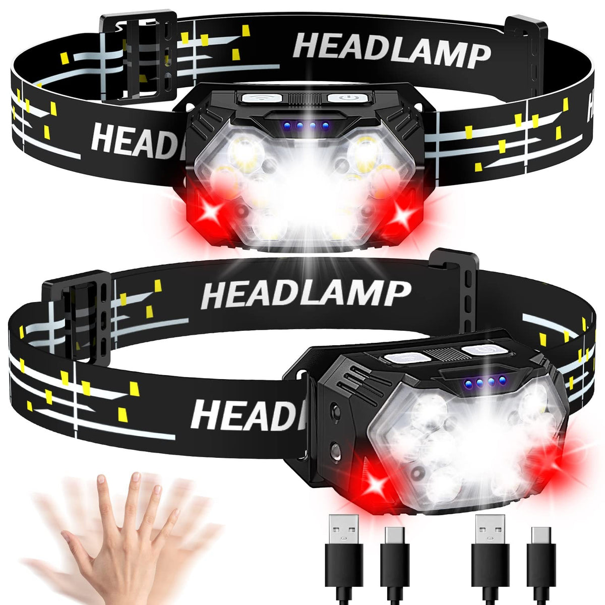 Rechargeable LED Headlamp 2 Pack 2000 Lumens Waterproof 10 Modes with Motion Sensor