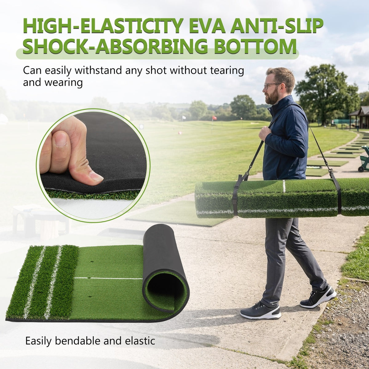 Golf Hitting Mat 5x4 Ft with Alignment Lines, Balls, Tees & Strap - Practice Turf
