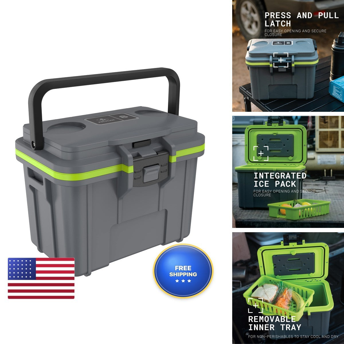 Pelican 8 Quart Cooler Lunch Box - Dark Gray and Green Portable Insulated Carrier