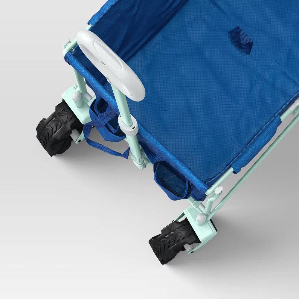 Flat Folding Wagon with Adjustable Handle and Pockets - Blue Garden & Outdoor