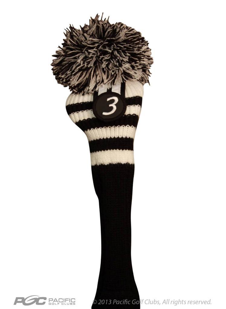 Golf Fairway Wood Head Cover #3 Pom Pom Knit Sock Black White