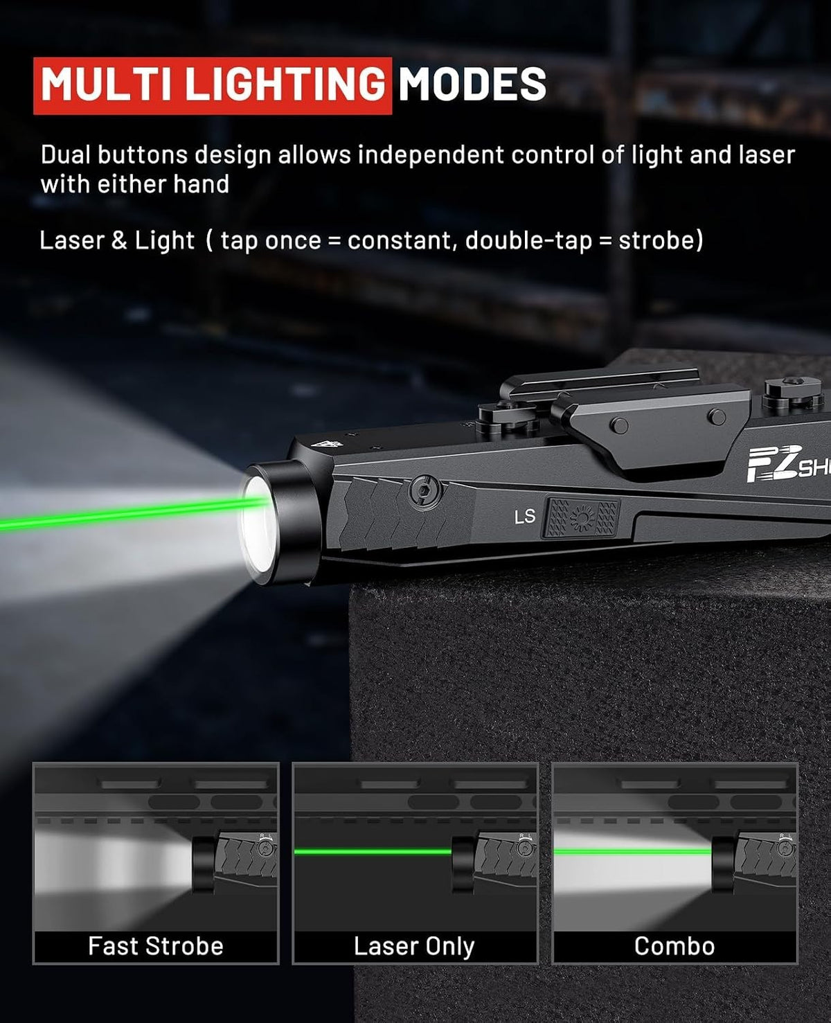 1600 Lumens Tactical Rifle Flashlight with Green Laser Combo, Rechargable, Mount