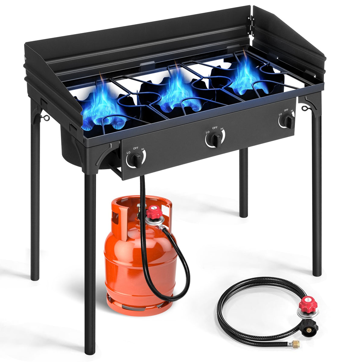 Portable 225,000 BTU 3 Burner Camping Gas Stove Outdoor Cooktop with Windshield