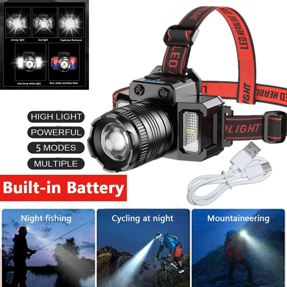 Rechargeable LED Headlamp with Zoomable Light & Red/Blue Warning Lights