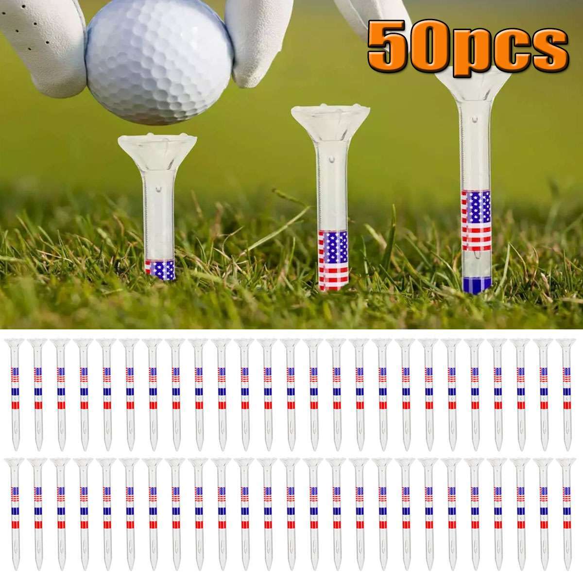 50PCS Transparent Acrylic Golf Tees with American Flag Design - Unbreakable & Durable