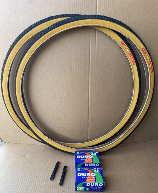 26 Inch Bicycle Tires with Inner Tubes & Levers - Black and Gum Wall Pair