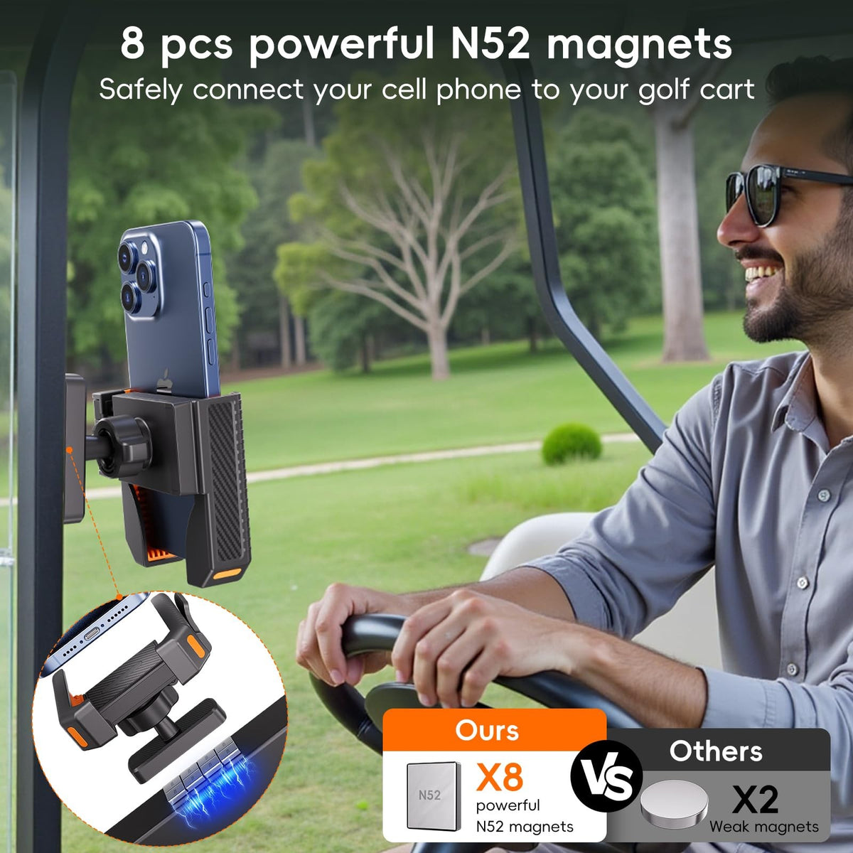 Magnetic Golf Cart Phone Holder - Universal Fit for 4.5-7 Inch Smartphones, Orange & Black