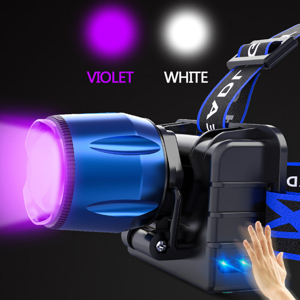80000LM UV LED Headlamp with Induction Zoom and White Light for Outdoor Activities