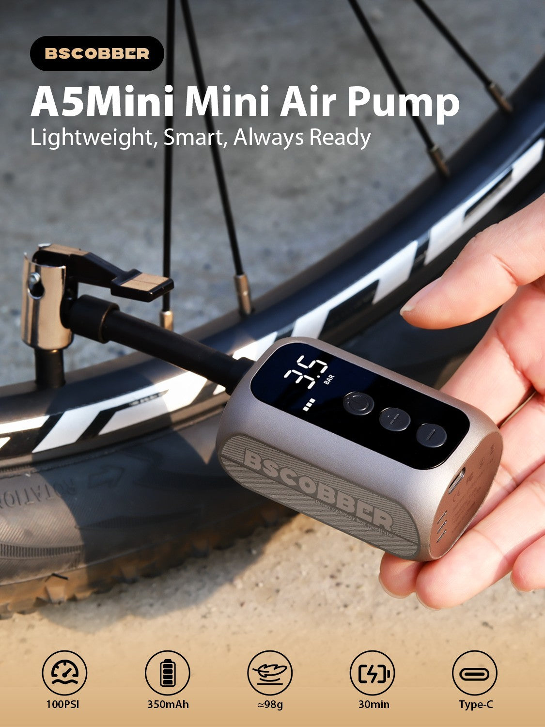 Mini Electric Bicycle Pump 100PSI Portable Cordless Inflator with Digital Screen