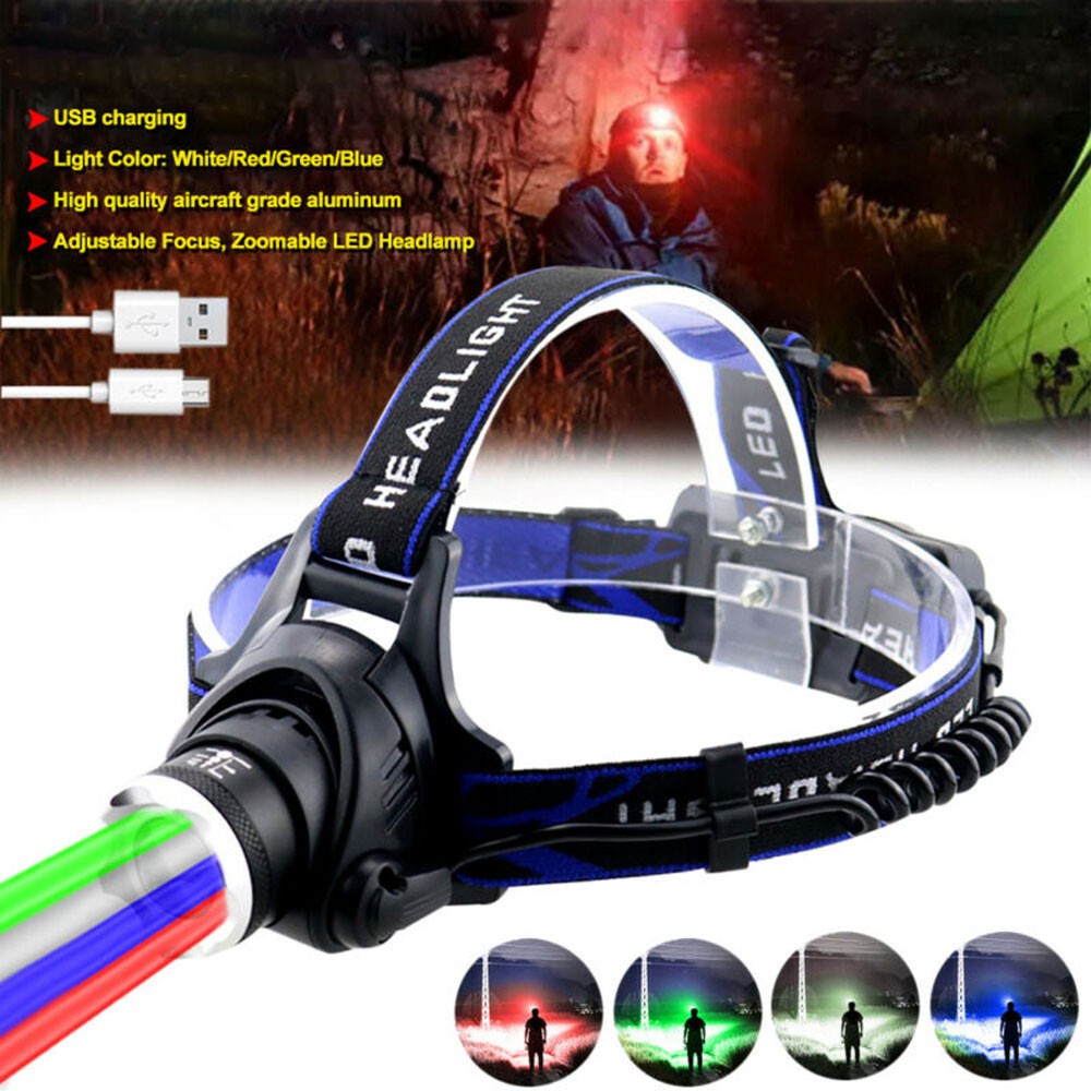 4-in-1 RGB LED Headlamp with Rechargeable Head Torch for Hunting Camping