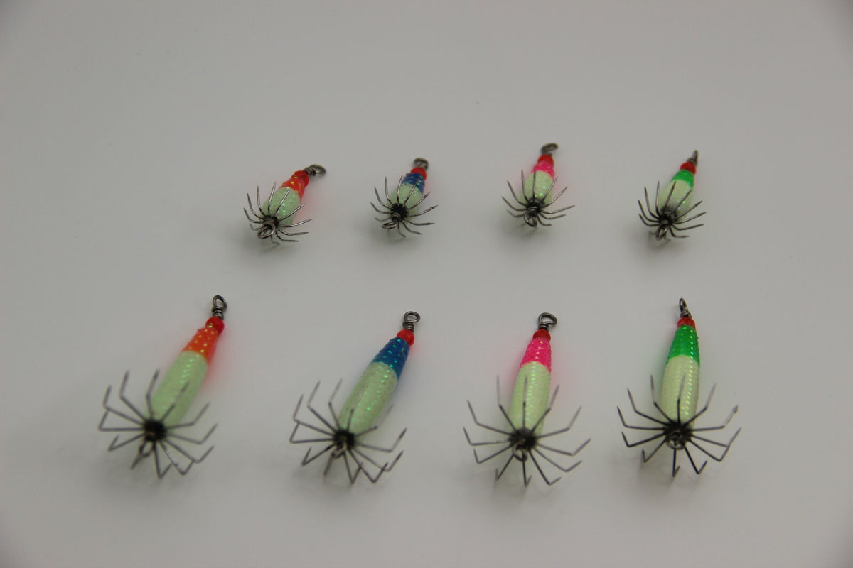 8Pcs Glow-in-Dark Squid Jigs Set for Fishing - 2/3oz & 1/4oz with 4 Colors